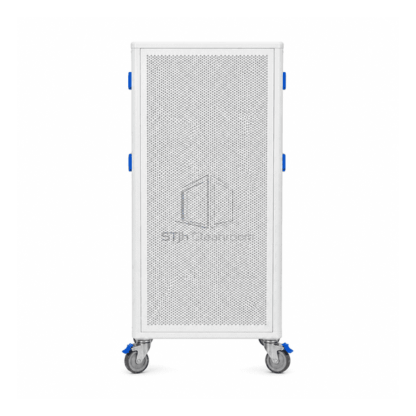 Full front view of the mobile FFU clean-air diffuser control panel and caster base