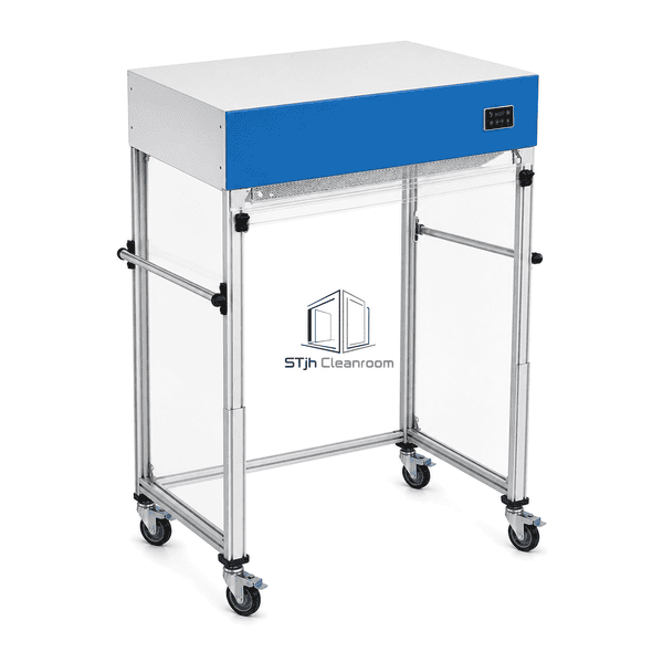 High-angle view of the mobile hood positioned over a worktable