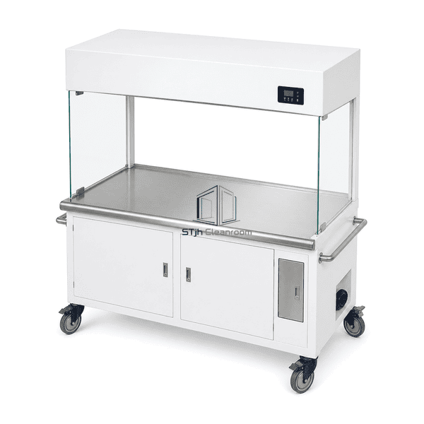 High-angle view across the workstation worktop and caster chassis