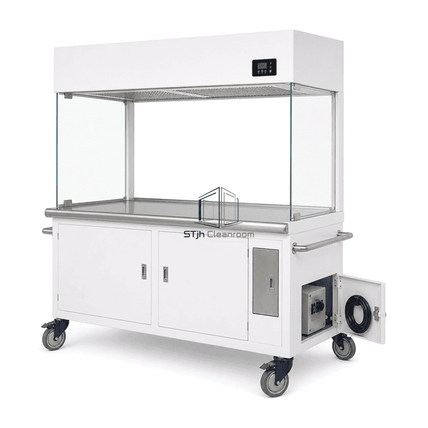 Side cutaway showing the mobile base, fan enclosure and cable storage