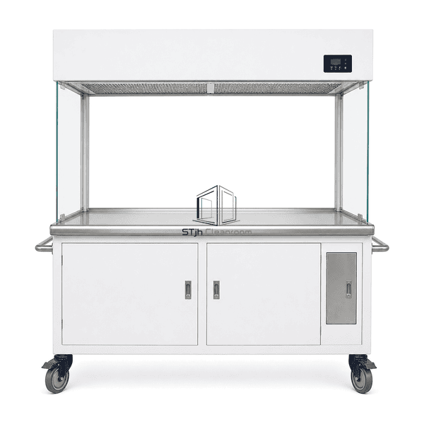 Front view of the wheeled clean bench and integrated utility panel