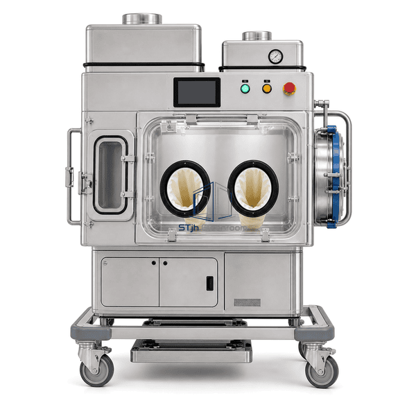 Front view of the wheeled barrier chamber and glove ports