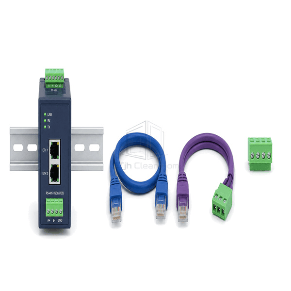 Horizontal arrangement of Modbus gateway, Ethernet cable and RS-485 terminal plug