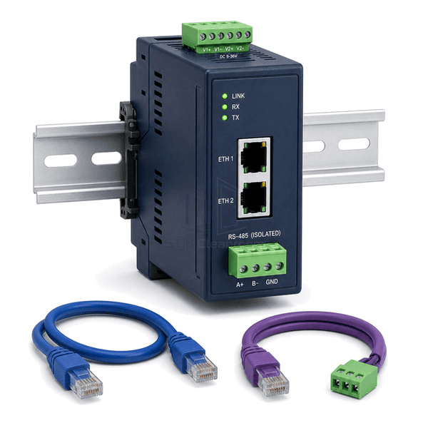Rear three-quarter view of the entire Modbus gateway with dual RJ45 ports, isolated RS-485 plug and redundant DC terminal clearly exposed