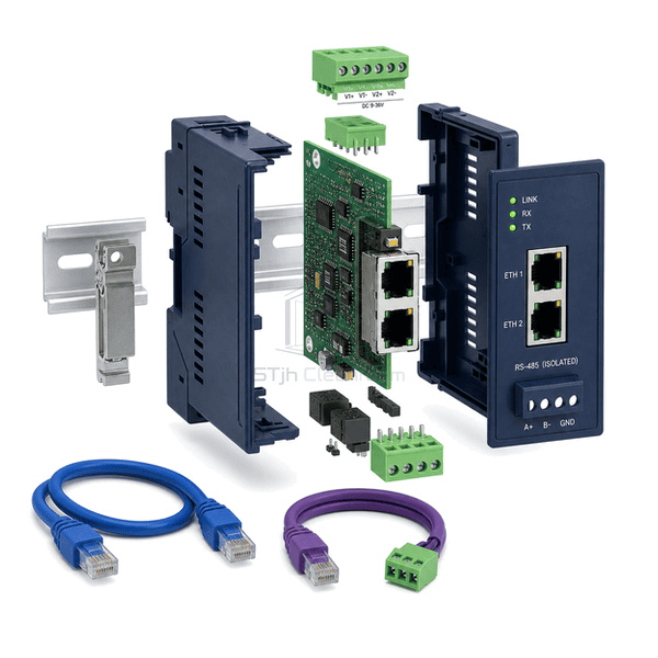 Side view showing DIN-rail clip, isolated serial terminals and power input