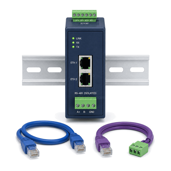 Front view of Modbus RTU to TCP gateway showing port and communication indicators