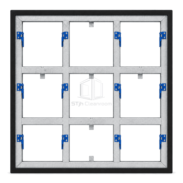 Front view of square filter holding frame and four clamps