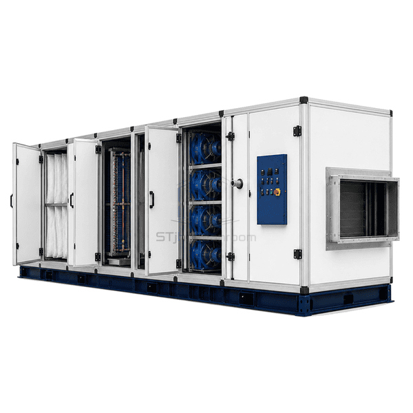 Open section view showing modular AHU filters coil and plug fan