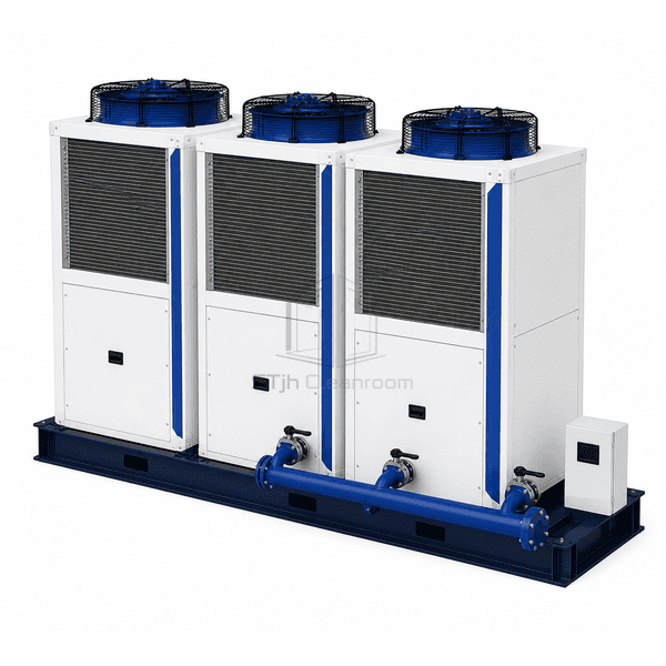 Complete row of interconnected modular chillers and water headers