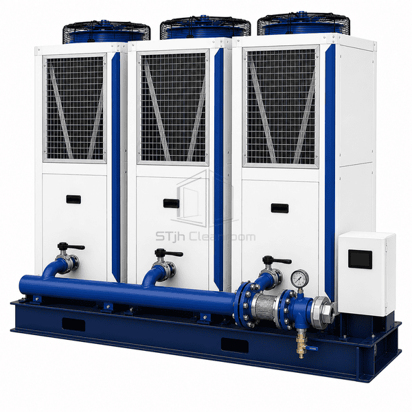 Close view of modular chiller header isolation valve and electrical link