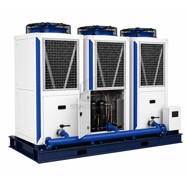 Open modular chiller showing scroll compressors evaporator and condenser