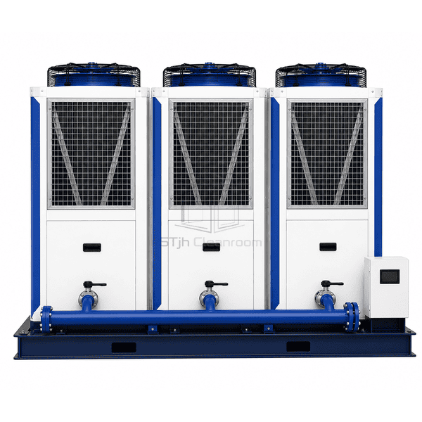 Front view of one modular chiller control and compressor section
