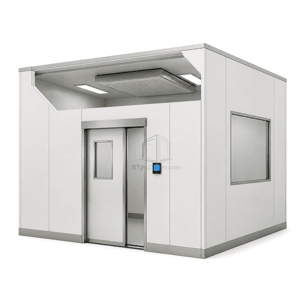 Complete modular operating room with partially open hermetic door showing jamb gasket and lower guide