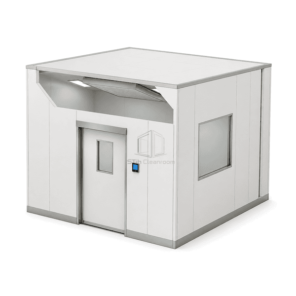Complete modular operating room side view with observation window and exposed insulated panel edge