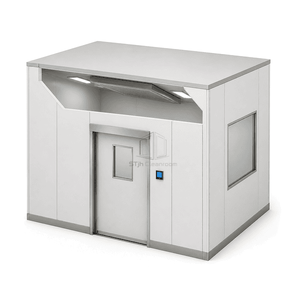 Front-emphasis three-quarter view of modular operating room with sliding entrance and control panel