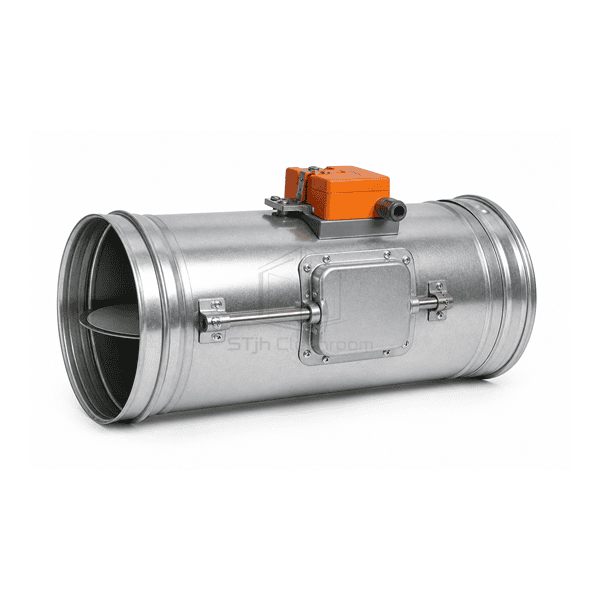 Complete horizontal motorized shut-off damper with round duct ends