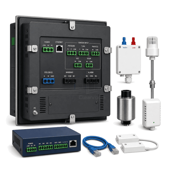 Rear three-quarter view of the entire multi-parameter display with gasketed bezel, modular sensor terminals and Ethernet service port clearly exposed