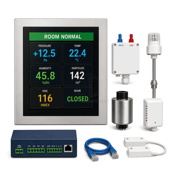 Front view of multi-parameter display showing pressure, temperature, humidity and particle status