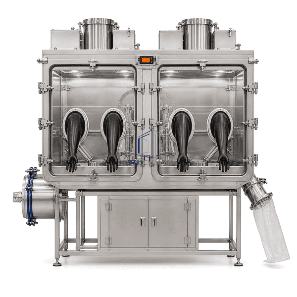 Front view of the potent-process glove chamber