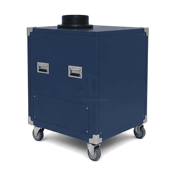 Top-side view of portable negative-pressure unit exhaust collar handles and caster frame