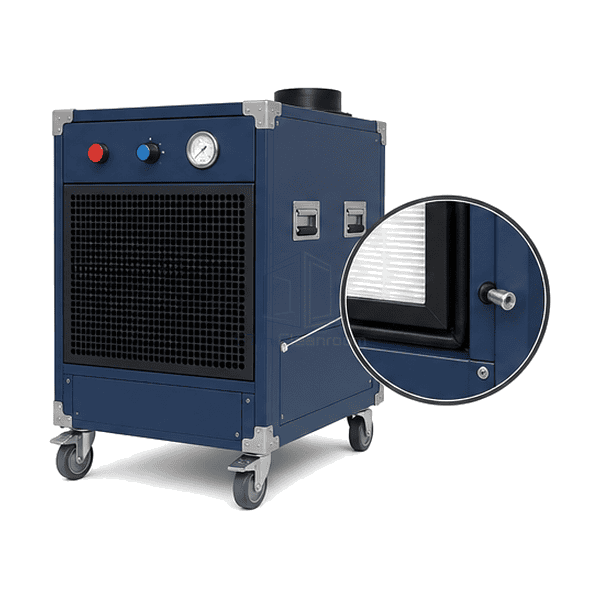 Complete negative-air filtration unit with magnified gasketed filter door and duct flange seal