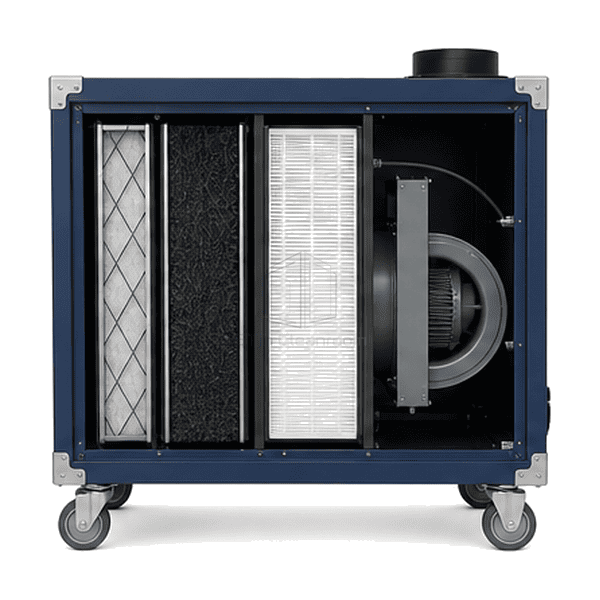 Open side cutaway showing prefilters HEPA cassette blower and negative-pressure airflow path