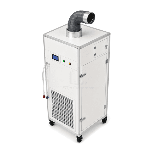 High-angle complete view of negative pressure isolation room unit showing the top exhaust connection and cabinet depth