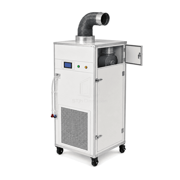 Complete negative pressure isolation room unit with upper service door open to reveal the centrifugal fan and sealed exhaust coupling