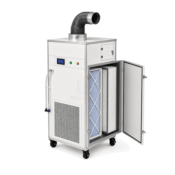 Negative pressure isolation room unit with right filter door open to show the pleated prefilter and deep HEPA cartridge