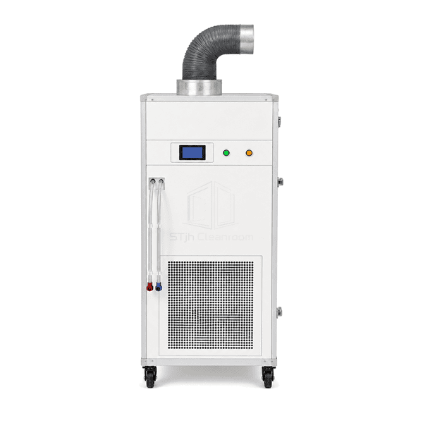 Front elevation of negative pressure isolation room unit showing lower air inlet, pressure display, status lamps and two visible front casters