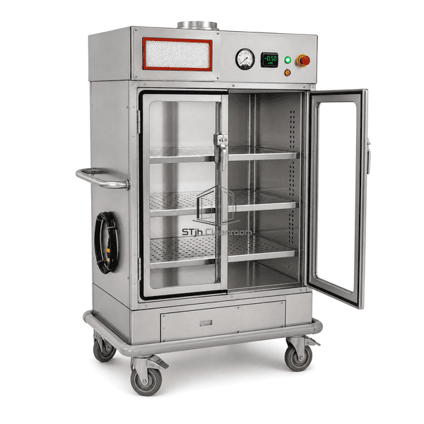 Open negative pressure cart showing door gasket shelves and HEPA exhaust module