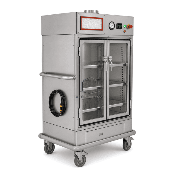 Negative pressure transfer cart side view with pressure controls and battery panel