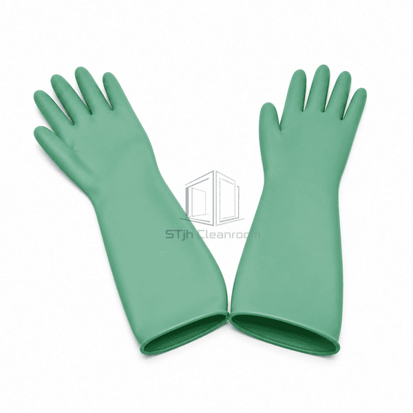 Green cleanroom neoprene gloves laid flat with extended cuffs