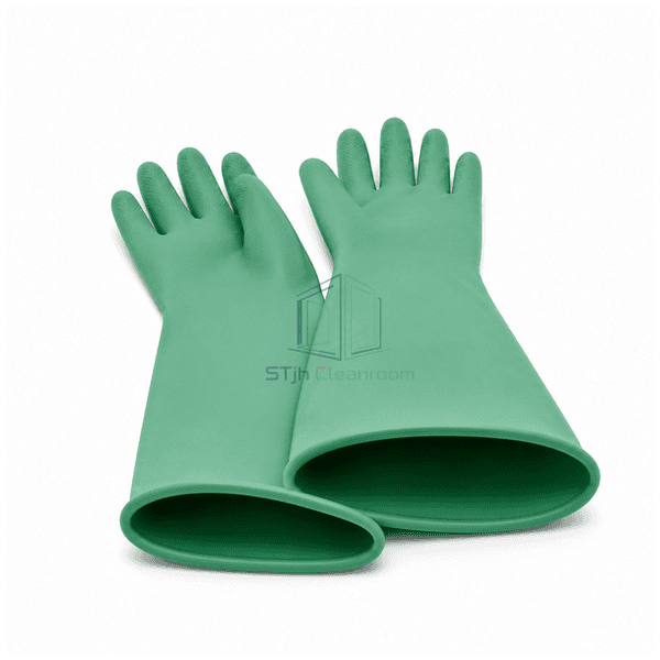 Green polychloroprene glove pair showing beaded cuff openings