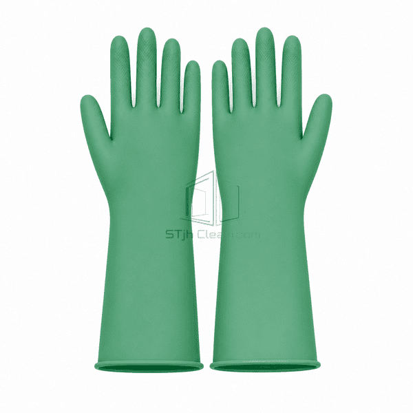 Green neoprene cleanroom glove pair showing smooth backhand surfaces