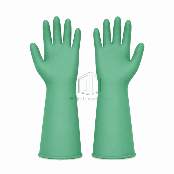 Green polychloroprene gloves showing textured palms and fingertips
