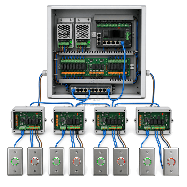 Close view of network ports labeled door channels and isolated system interfaces
