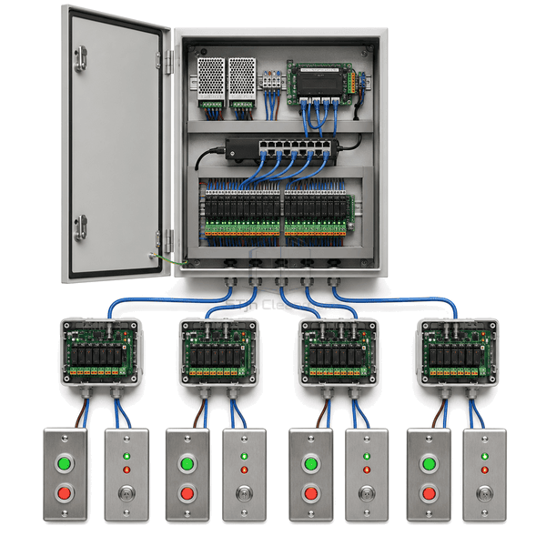 Open central cabinet showing power supplies network controller relays and terminals