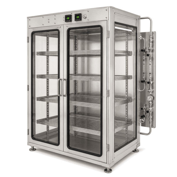 Nitrogen dry cabinet side view showing purge manifold and chamber depth