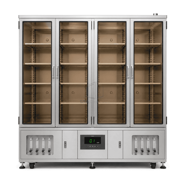 Nitrogen dry cabinet in full front elevation with humidity and flow controls