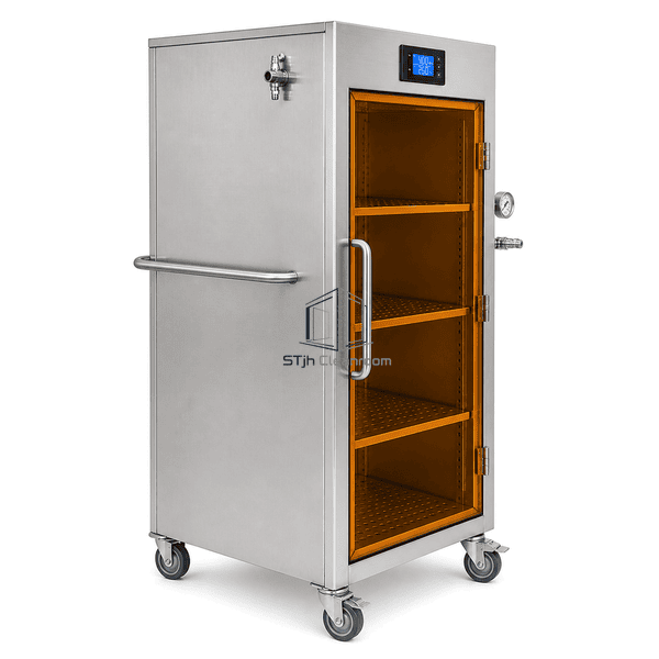 Cleanroom nitrogen cabinet rear-left structural view showing push handle and gas inlet