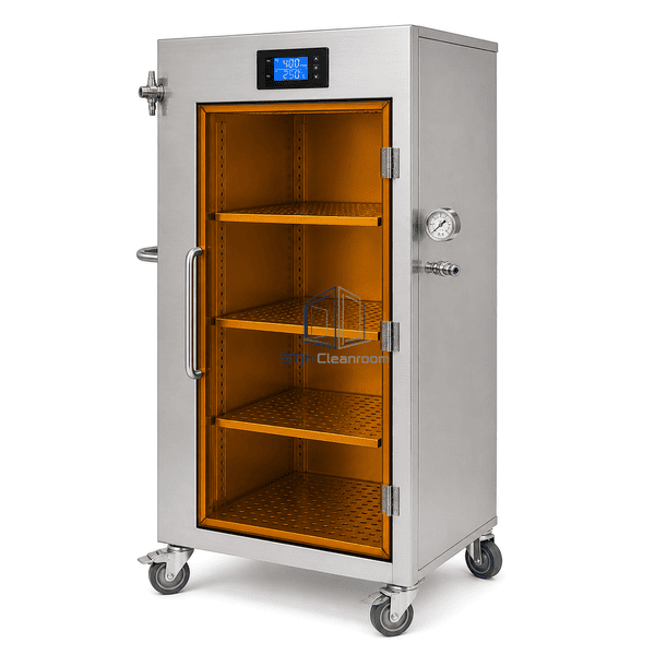Mobile nitrogen storage cabinet right-side view with gauge and gas coupling
