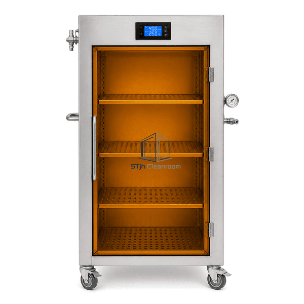 Nitrogen-purged cleanroom cabinet front view with four perforated shelves