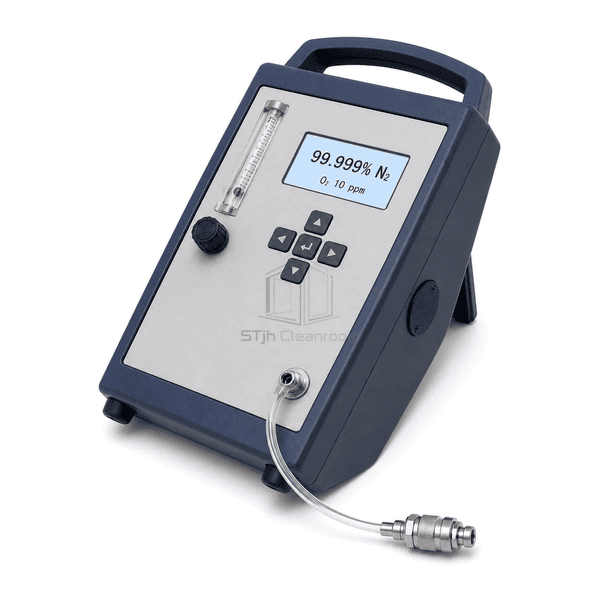 Nitrogen purity analyzer horizontal complete-kit view with the full portrait instrument, short sample tube and stainless quick coupling