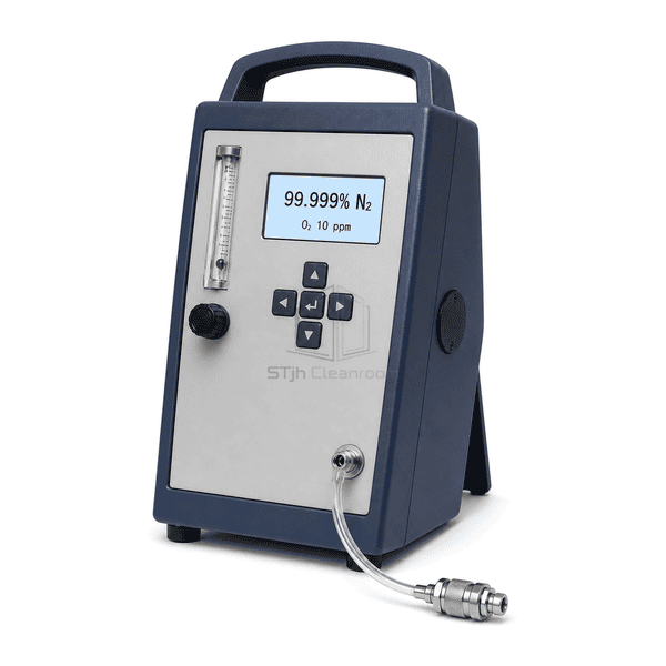 Nitrogen purity analyzer sample-interface view showing the single stainless inlet, clear tube, flowmeter and fine adjustment knob