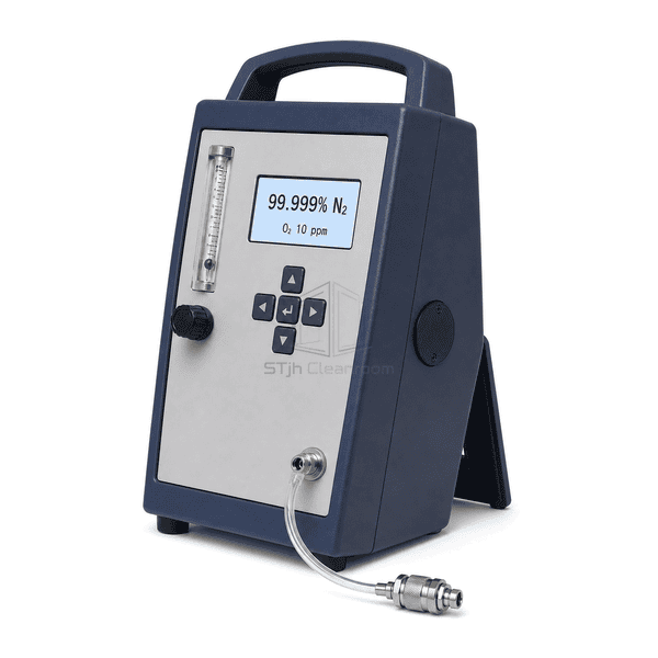 Nitrogen purity analyzer side view showing the tall navy enclosure, integrated handle, rear support and circular sensor cover