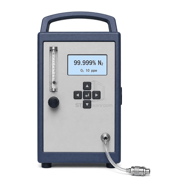 Nitrogen purity analyzer front view showing the percent-N₂ and ppm-O₂ screen, five-key cluster, single flowmeter and fine valve