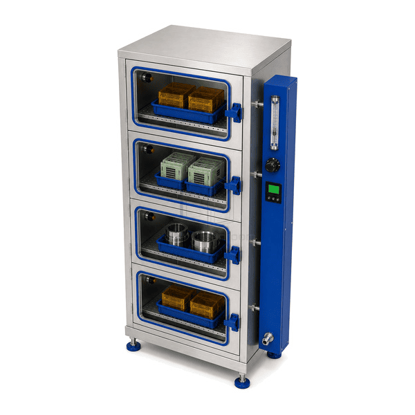 Elevated view of stainless nitrogen cabinet gas controls and upper chamber