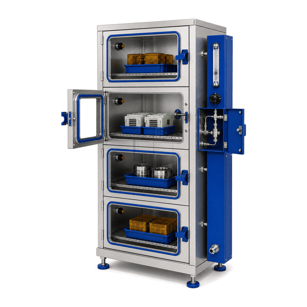 Open nitrogen storage chamber showing purge inlet relief valve gasket and perforated shelf