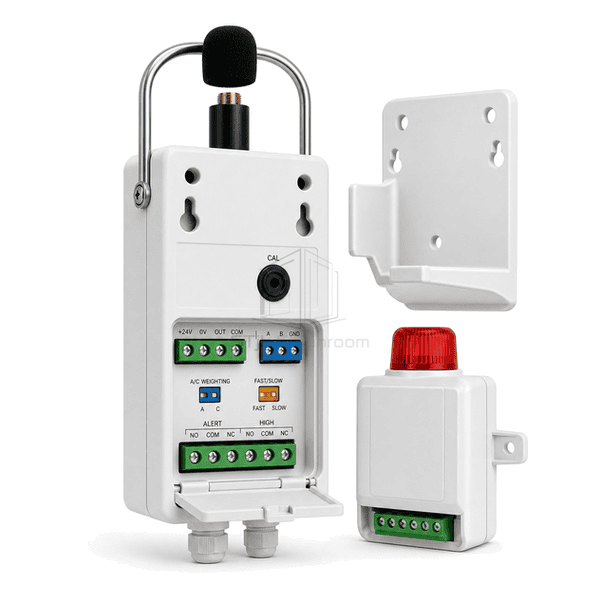 Rear three-quarter view of the entire noise sensor with replaceable acoustic cap, calibration access and sound-level output terminal clearly exposed